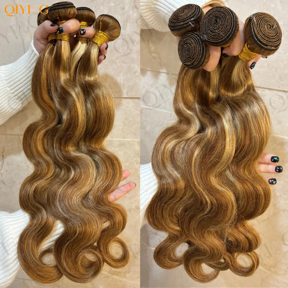 P4‑27 Piano Highlight Body Wave Mèches de Cheveux Humains 100% Brésiliens Remy, Tissage Fait Main, Doux et Épais, Sans Perte de Cheveux, Sans Nœuds, Extensions de Cheveux Brun Miel Blond pour Femmes 12‑26 Pouces 1