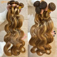P4‑27 Piano Highlight Body Wave Mèches de Cheveux Humains 100% Brésiliens Remy, Tissage Fait Main, Doux et Épais, Sans Perte de Cheveux, Sans Nœuds, Extensions de Cheveux Brun Miel Blond pour Femmes 12‑26 Pouces 1