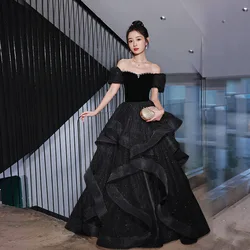 Black Shine Tulle Strapless Off Shoulder Lace Up Back Full Length Prom Gown Evening Party Dress Formal Occasion Hand Made Custom