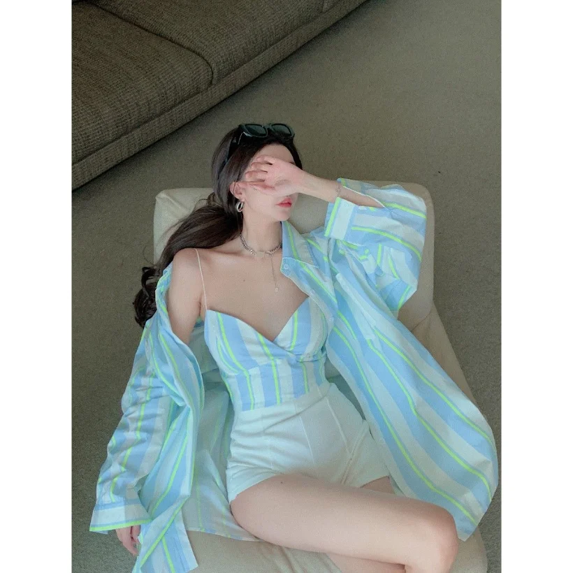 2023 New Fashion Stripe Two Piece Set Women's Inner Strap Tank Top+Loose Korean Long Sleeve Polo Neck Sunscreen Shirt
