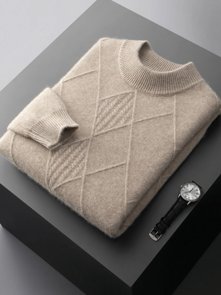 Long Sleeve 100%Pure Cashmere Men's Sweater Loose Half Turtleneck Jacquard Pullovers Autumn Winter Youth Top High-End Knit Shirt