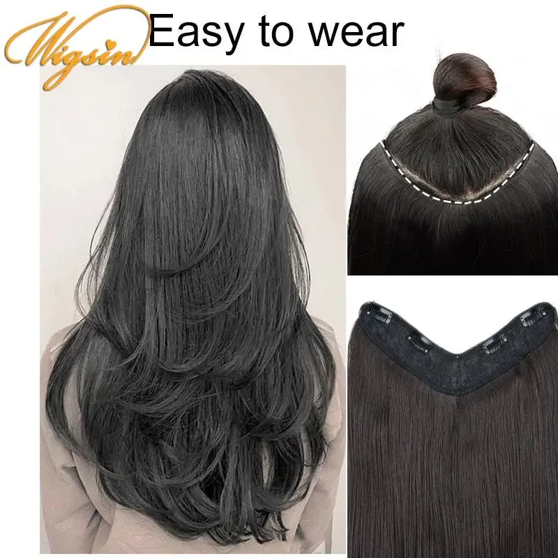 WIGSIN 합성 V자형 레이어드 4 클립 긴 스트레이트 헤어 익스텐션, 자연스러운 보이지 않는 헤어피스, 여성용 가발, 55cm
