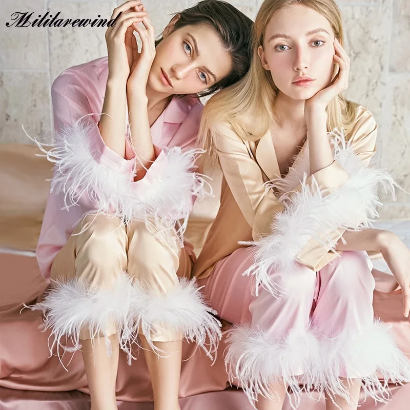 

High Quality Spring Women Sleepwear Fashion Feather Patchwork Solid Color Satin Pajama Sets Long Sleeve Shirt and Trousers Femme
