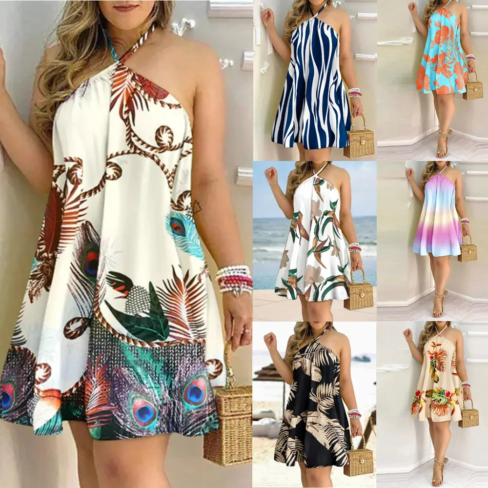 

2024 Tropical Print Halter Neck Dress, Vacation Style Backless Dress For Spring & Summer Women's Clothing