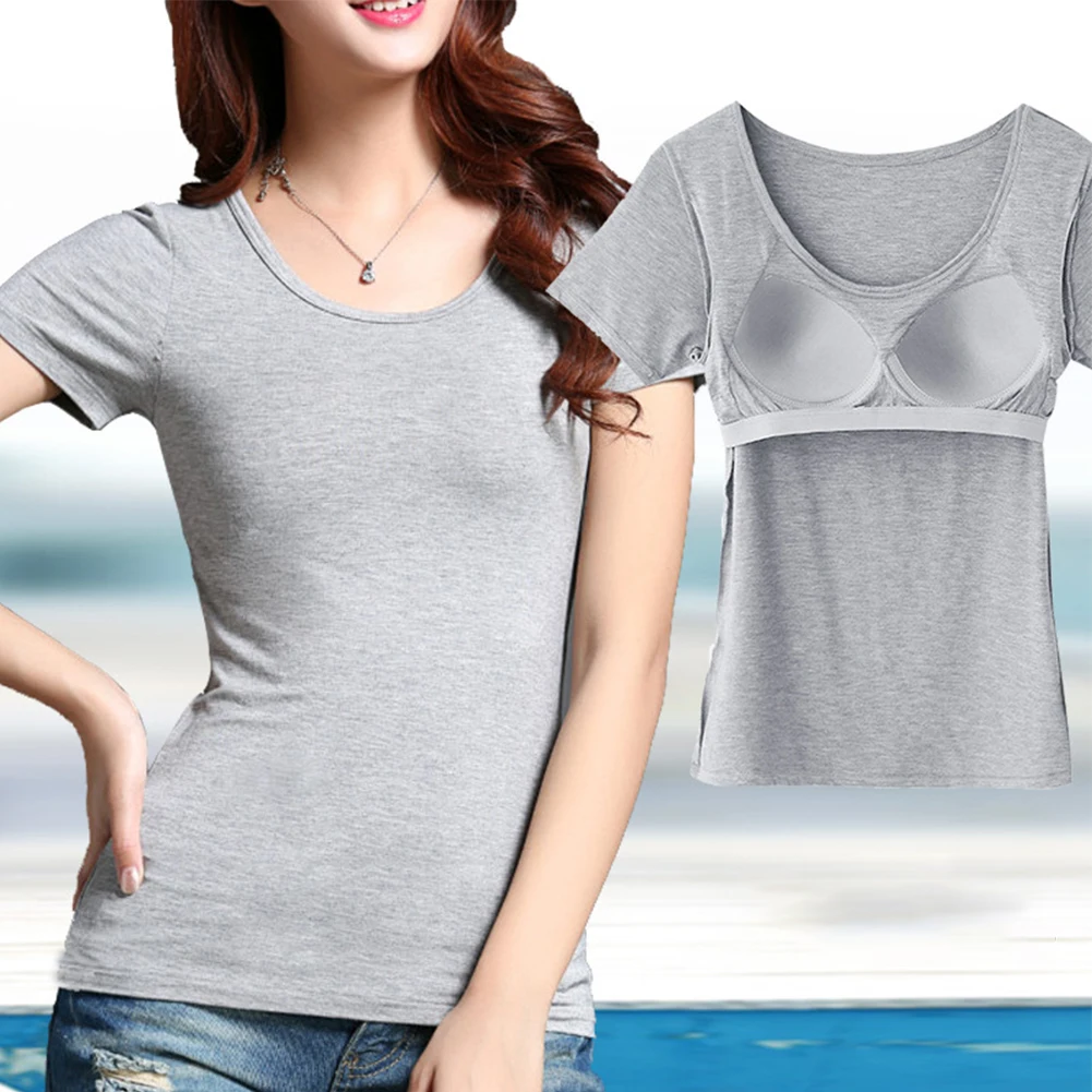 

Built In Bra T-shirt Top Women Push Up Padded Layer Short Sleeve Solid Color Casual Basic T Shirts Tees Woman Clothing