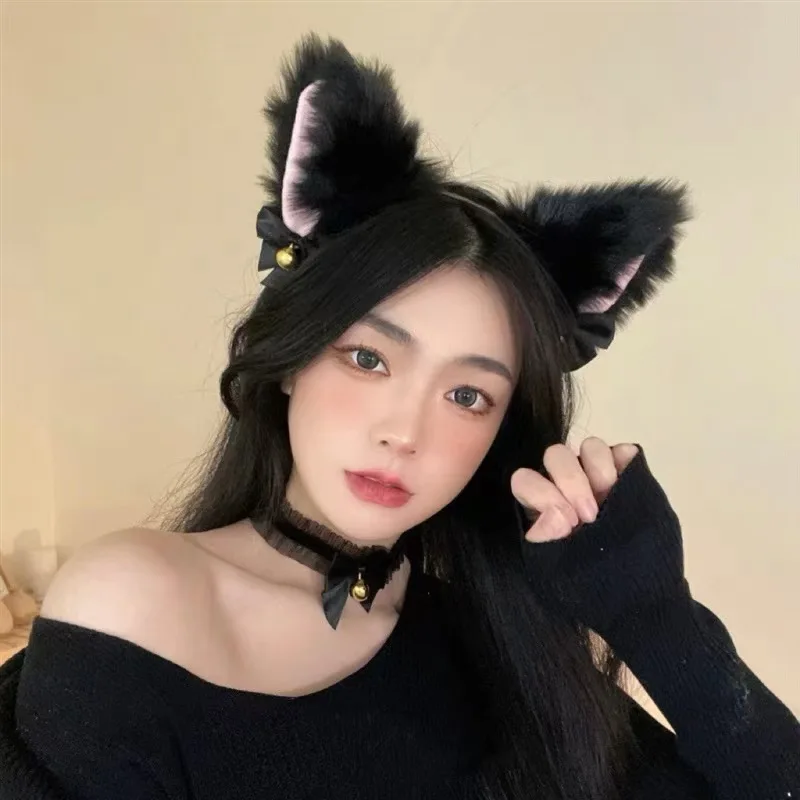 Fashionable Sweet and Cute Cat Ear Bell Headband Black Wild Small Collar Kawaii Bow Bell Collar Choker Bracelet Accessories