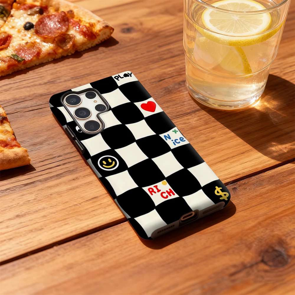 Checkerboard Shockproof Double Layer Phone Case with Cute Text Design