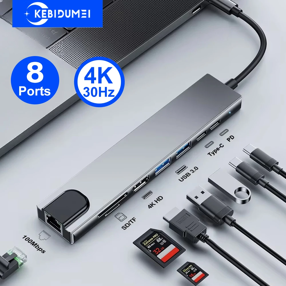 8 Ports Docking Station TYPE-C HUB C To 4K HDMI Adapter USB 3.0 Hubs 5Gbps High Speed 100Mbps RJ45 For Laptop Book_voghion.com