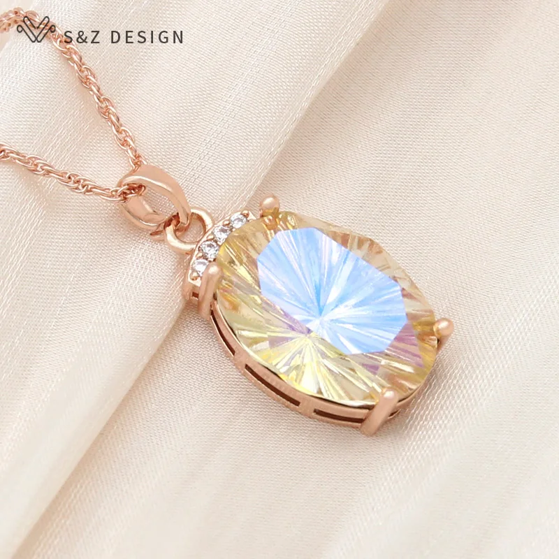 S&Z DESIGN New Fashion 585 Rose Gold Color Luxury Large Oval Crystal Pendant Necklace For Women Wedding Cubic Zirconia Jewelry