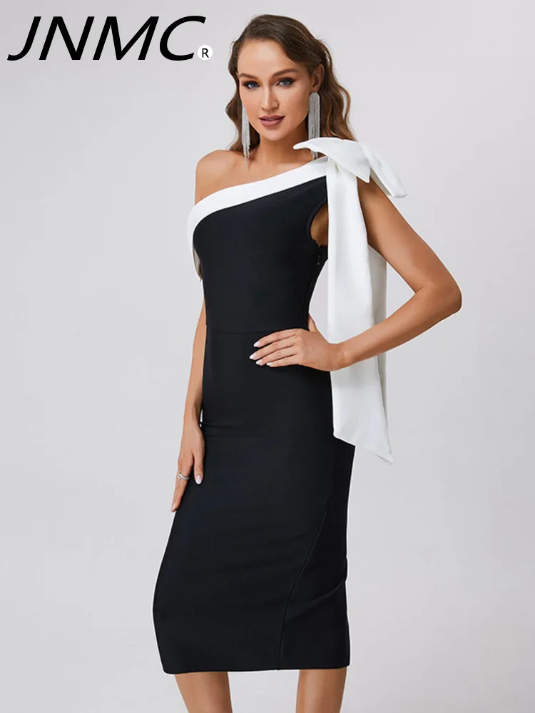 

JNMC Sexy One Shoulder Bow Tie Midi Bandage Dress Women Black White Bow Diagonal Collar Boycon Dresses Celebrity Cocktail Party