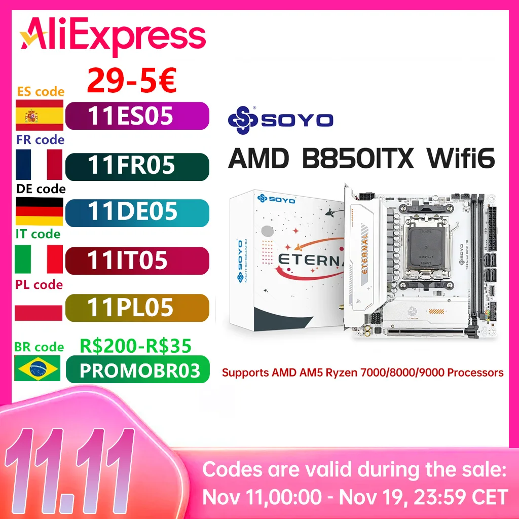 SOYO Motherboard B850ITX, AMD Ryzen AM5 DDR5 Supports 7000 8000 9000 Series Processors PCIE5.0x16 PCIE4.0x4 M.2 ARGB WIFI6