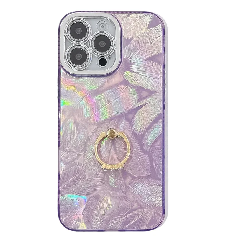 Coque de téléphone Camlet Feather Ring Holder Laser pour iPhone 16 Plus 15 14 13 Pro Max Hard PC Glitter Camera Protection Back Cover_voghion.com