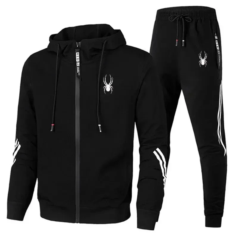 Man wearing casual zipper jacket and jogger pants set in an outdoor fitness or streetwear setting black