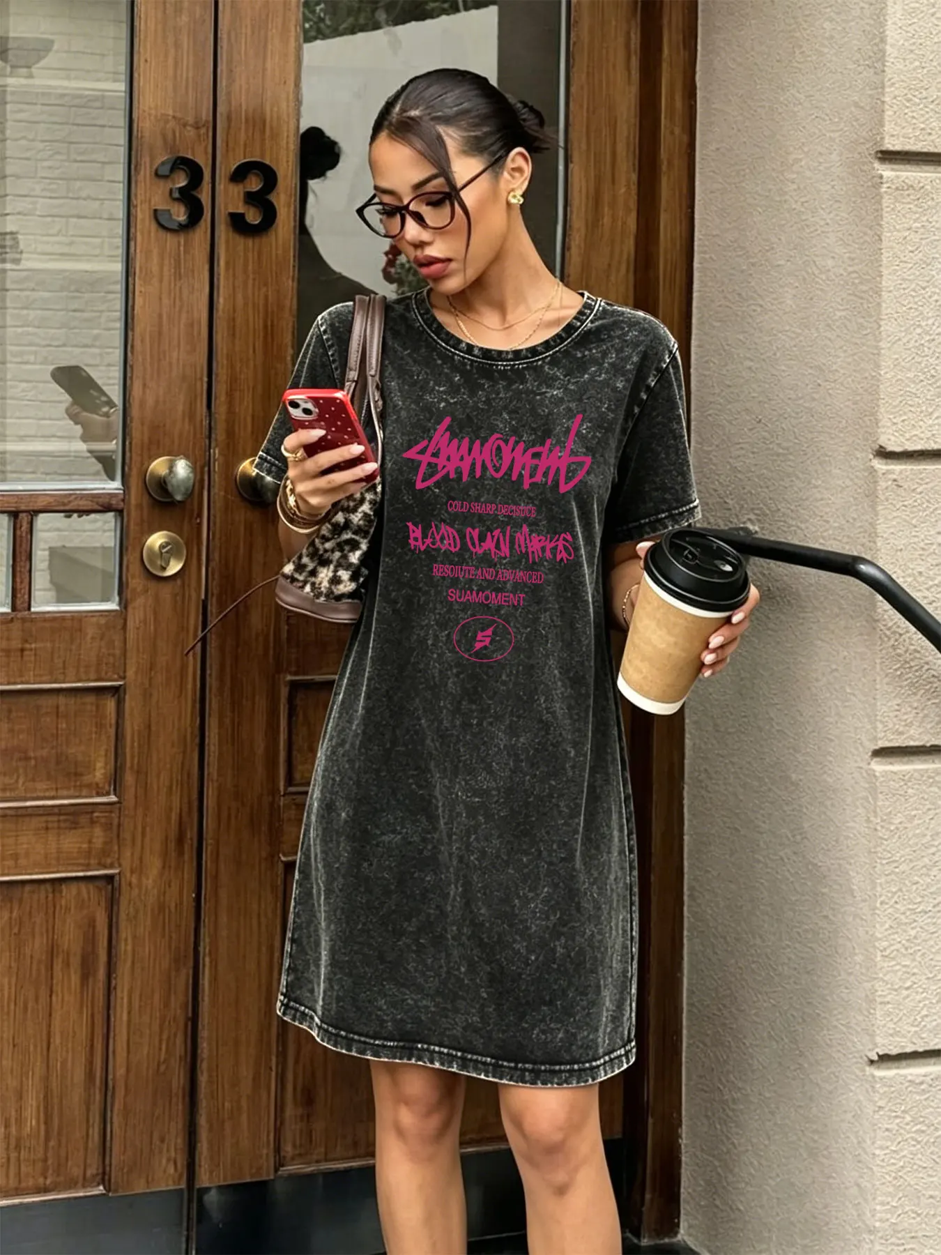 Vintage Washed T-Shirt-Kleid für Damen, Modisches Vielseitiges Streetwear-Kleid mit Rosa Schriftzug-Print