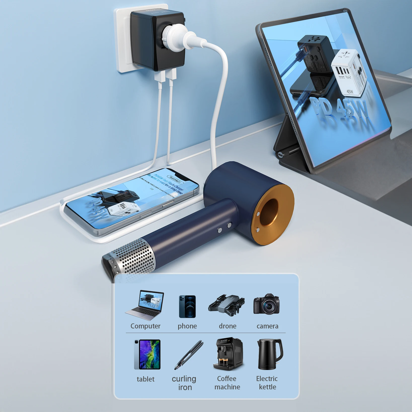Global Power Connect: 45W GaN Multi-Port Travel Adapter with Interchangeable Plugs and Fast Charging USB Ports