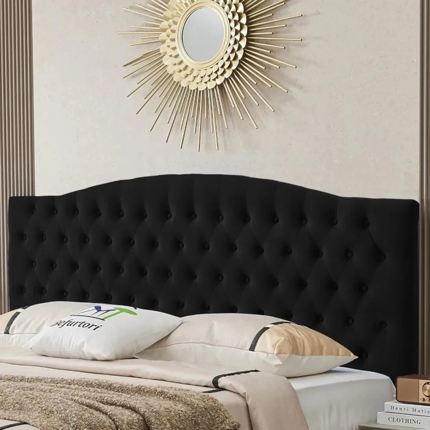 Velvet Upholstered King/Cal King Headboard,Neutral Curved Integrated Design with Tufted Solid Wood and Luxury Soft Padded, Black