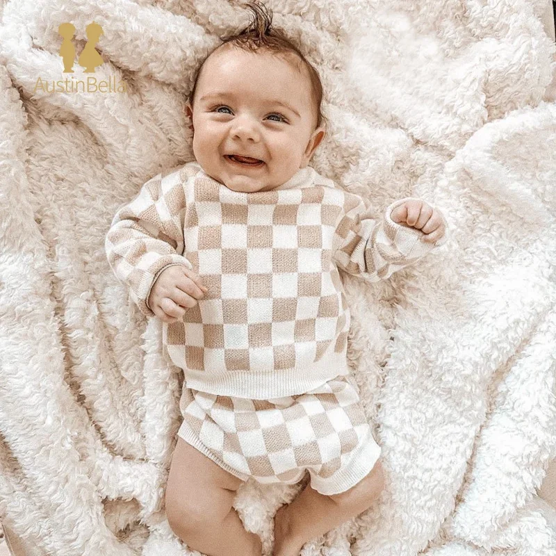  격자 무늬 스웨터 세트, 남아 여아 옷,  니트 스웨터 및 반바지 세트,  착용 ..