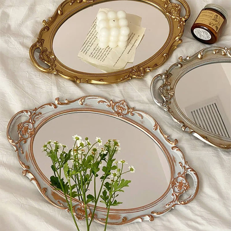 Retro European Plastic Mirror Jewelry Storage Tray Wedding Party Dessert Cupcake Plate Photography Props Bedroom Home Decorative