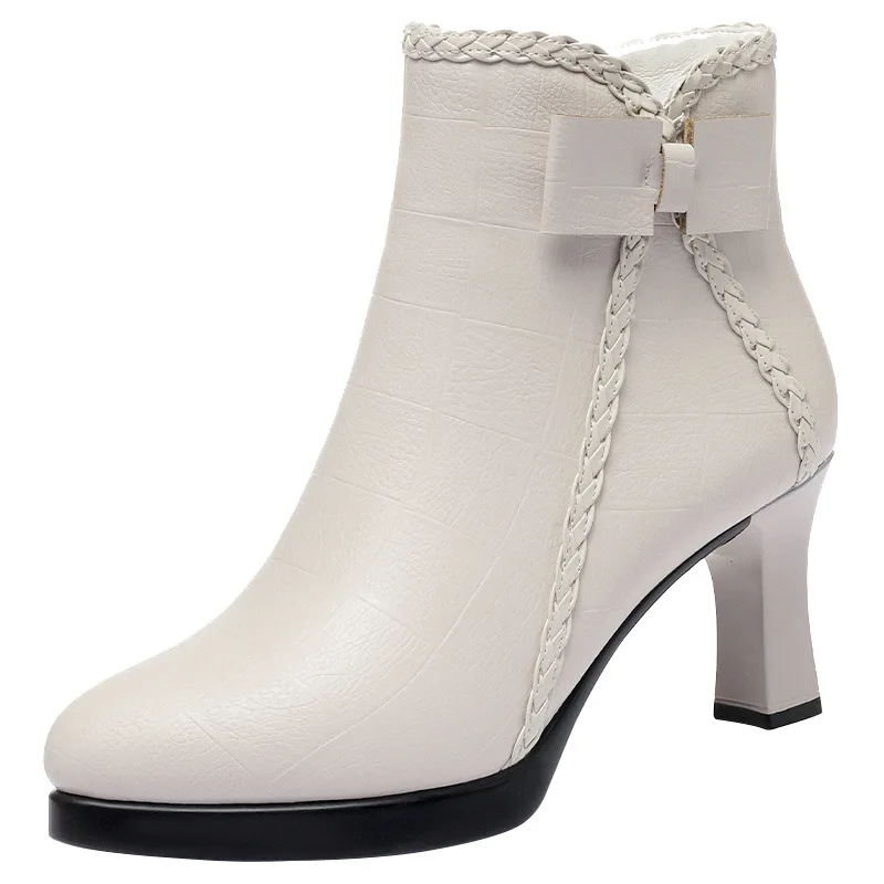 

Charm Women 6CM High Heel Boot 1CM Waterproof Platform Short Plush Warm Ladies PU Boots Female Black/White Single Botas de Mujer