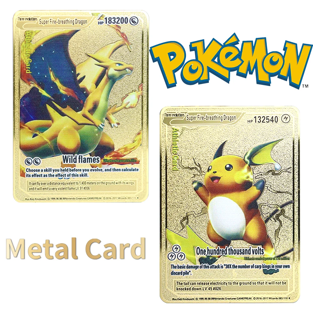 

Pokemon Gold Metal Card Point High Hp Raichu Charizard Zamazenta Super English Spanish Cards Vmax Mega Anime Game Collection