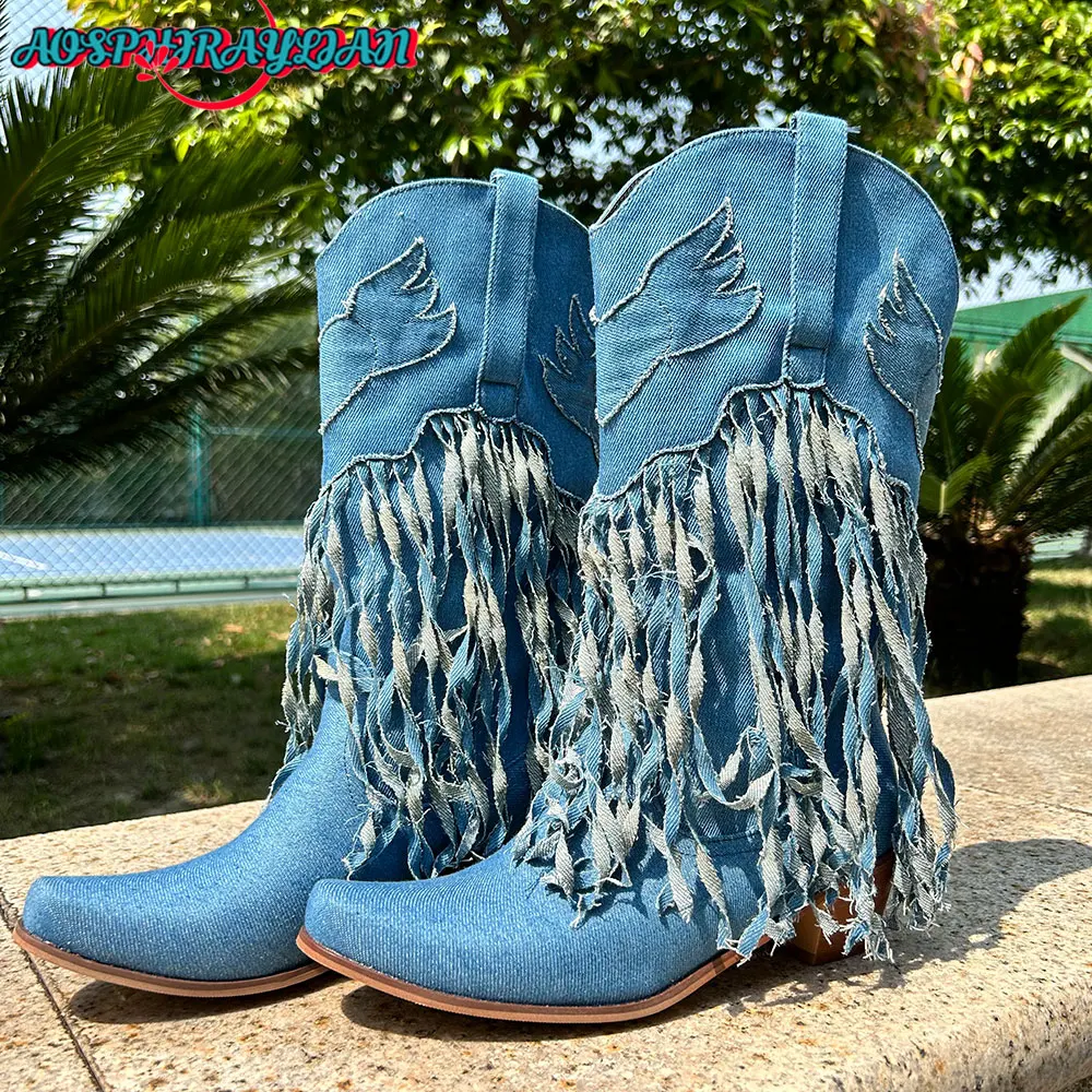 

AOSPHIRAYLIAN Denim Tassels Fringe Mid-Calf Western Cowboy Boots For Women 2023 Vintage Retro Point Toe Cowgirl Boots Shoes