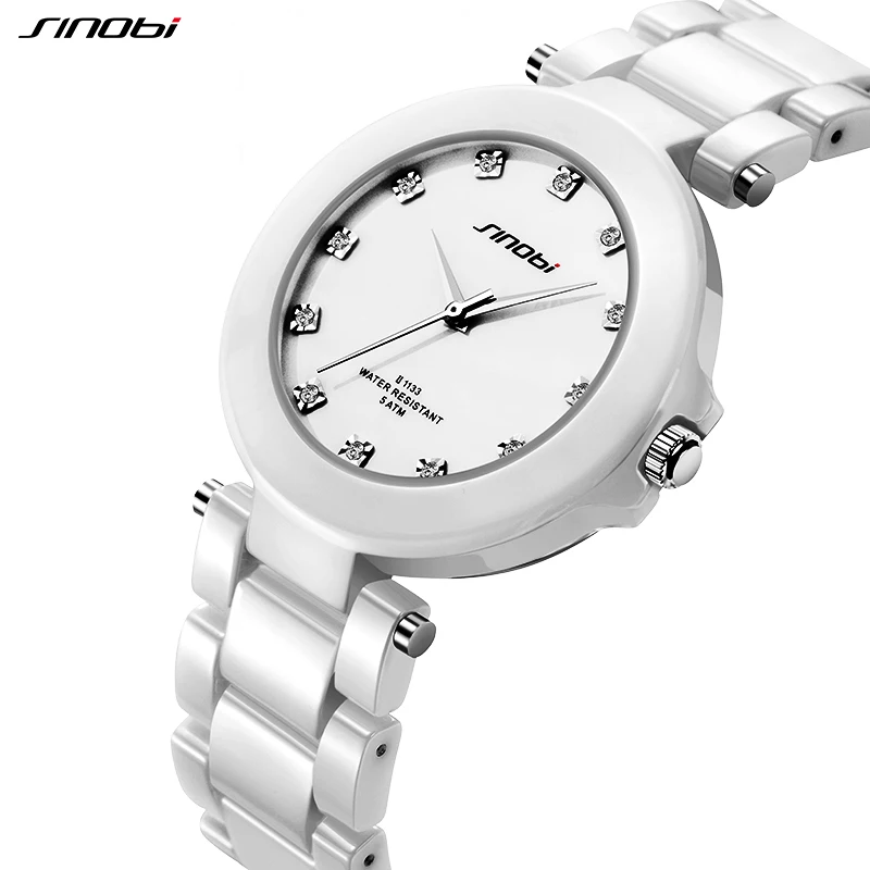 SINOBI High Quality Woman's Watches Fashion Real Ceramic Ladies Gifts Watch White Diamond Womens Quartz Wristwatches Reloj Mujer