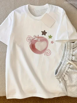 Women's Y2K White TShirt Pure Summer Top with Red Apple Core Heart Graphic Fit Casual Everyday Shirt for Women Aesthetic Clothes 1