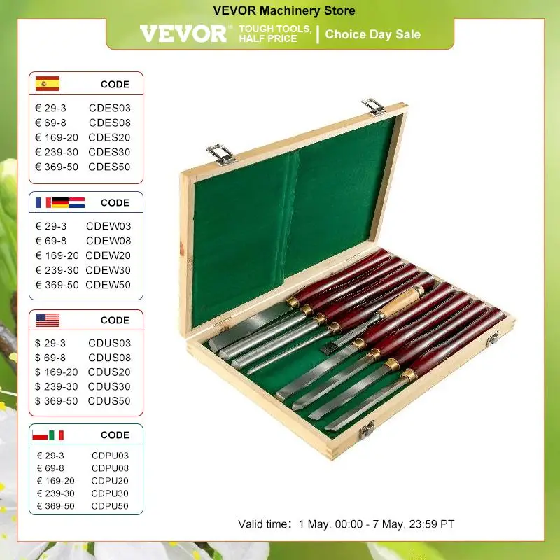 

VEVOR 8PCS + 1 Free HSS Lathe Chisel Set for Wood Turning Root Furniture Carving Knife 6.89" Blade 16.14" Chisel With Tool Box