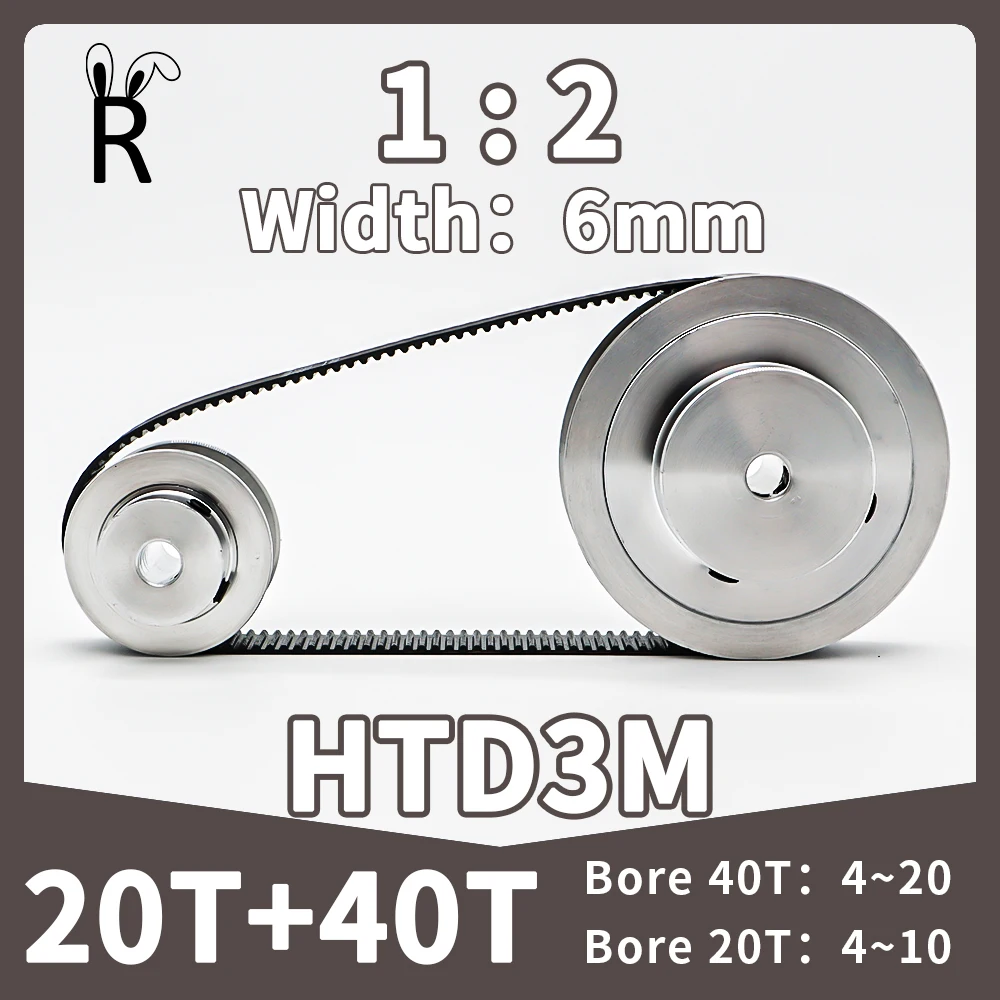 

20T 40T HTD 3M Timing Belt Pulley Set Reduction1:2 2:1 Belt Width 6mm Synchronous Wheel Set 40Teeth 20Teeth 3M Timing Pulley Kit