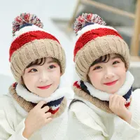 Winter Knitted Wool Ball Beanies for Children Cute Sweet Plus Velvet Thick Hat Scarf Set Korean Version Warm Boys Girls Caps 3