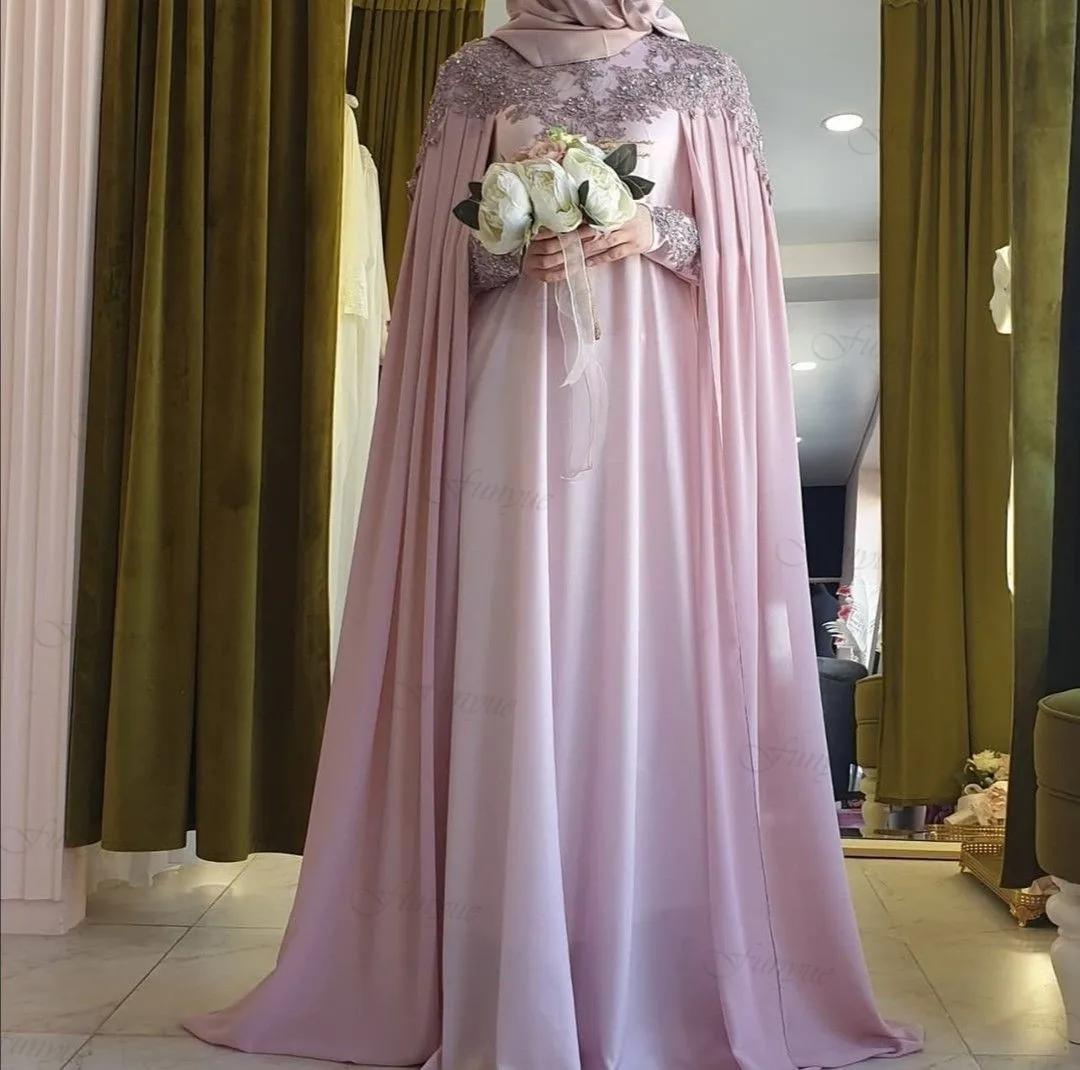 

Розовое мусульманское вечернее платье Hijab с длинным рукавом шифоновое платье-трапеция исламский Дубай арабское официальное платье для выпускного вечера женское платье