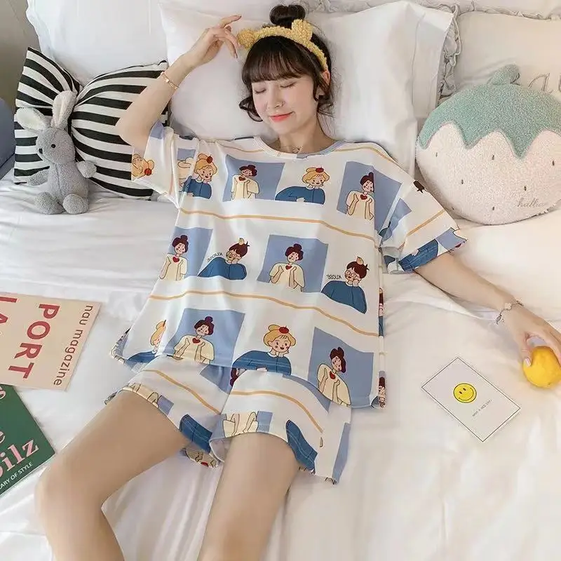 Summer Women Girl Fashion Short Pajamas Suits Student Cute Silk Sleepwear Sets