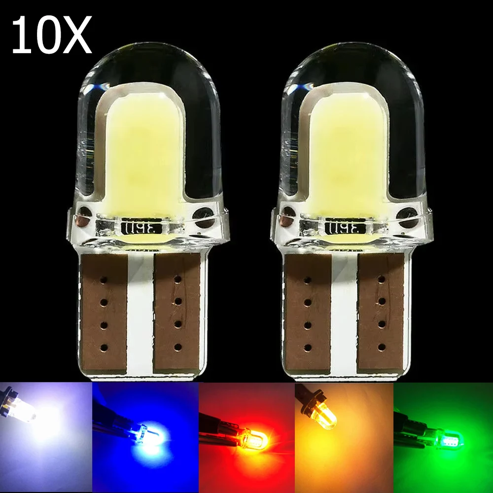 10 pièces T ​ Ampoule LED COB 10 W5W 1W DC12V Mini LED Lumières Blanches Bleues Rouges Jaunes Vertes Roses Lampe en Silicone pour l'éclairage intérieur de la voiture