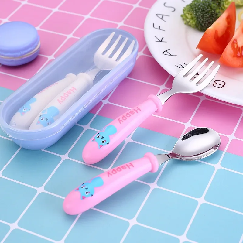 

Детская посуда из нержавеющей стали 304, ложка для еды для детского сада, милая мультяшная ложка-вилка, удобный набор