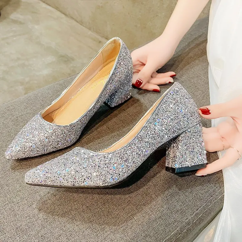 Big Size Woman Wedding Shoes Bridal Bling Pumps Silver High Heels Dress Shoes Sequined Pointed Toe Boat Shoes Ladies Red 8969L