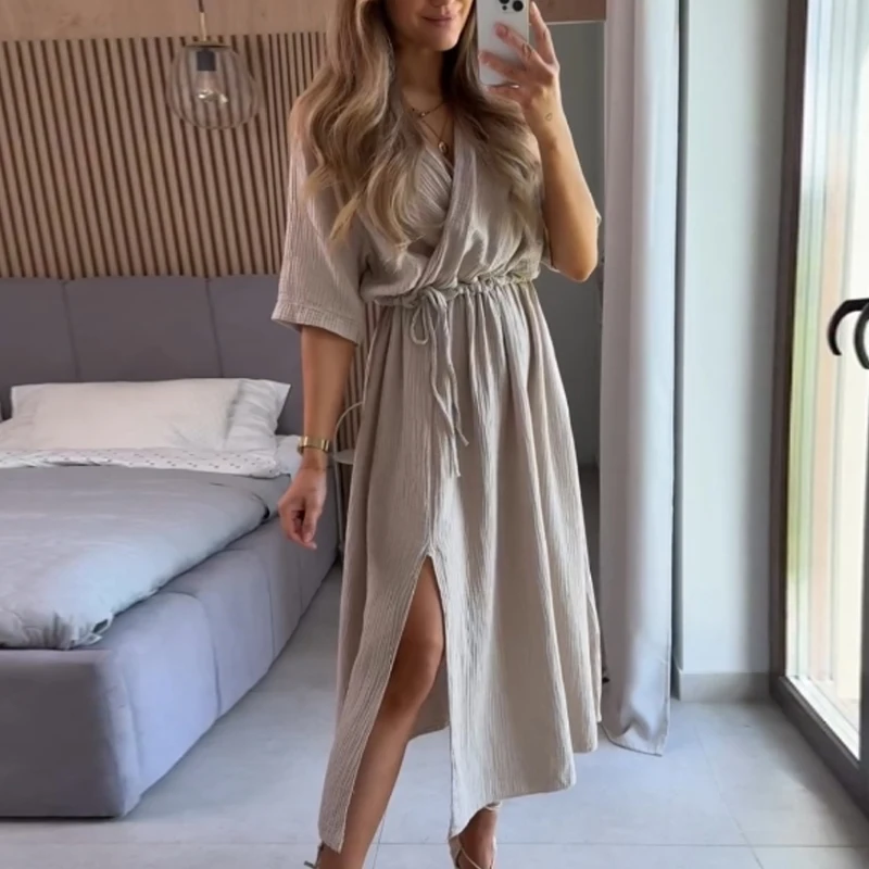 

Summer Casual V Neck Drawstring Waist Long Dress Women Loose Short Sleeved Split Beach Dress Office Elegant Solid Midi Dresses