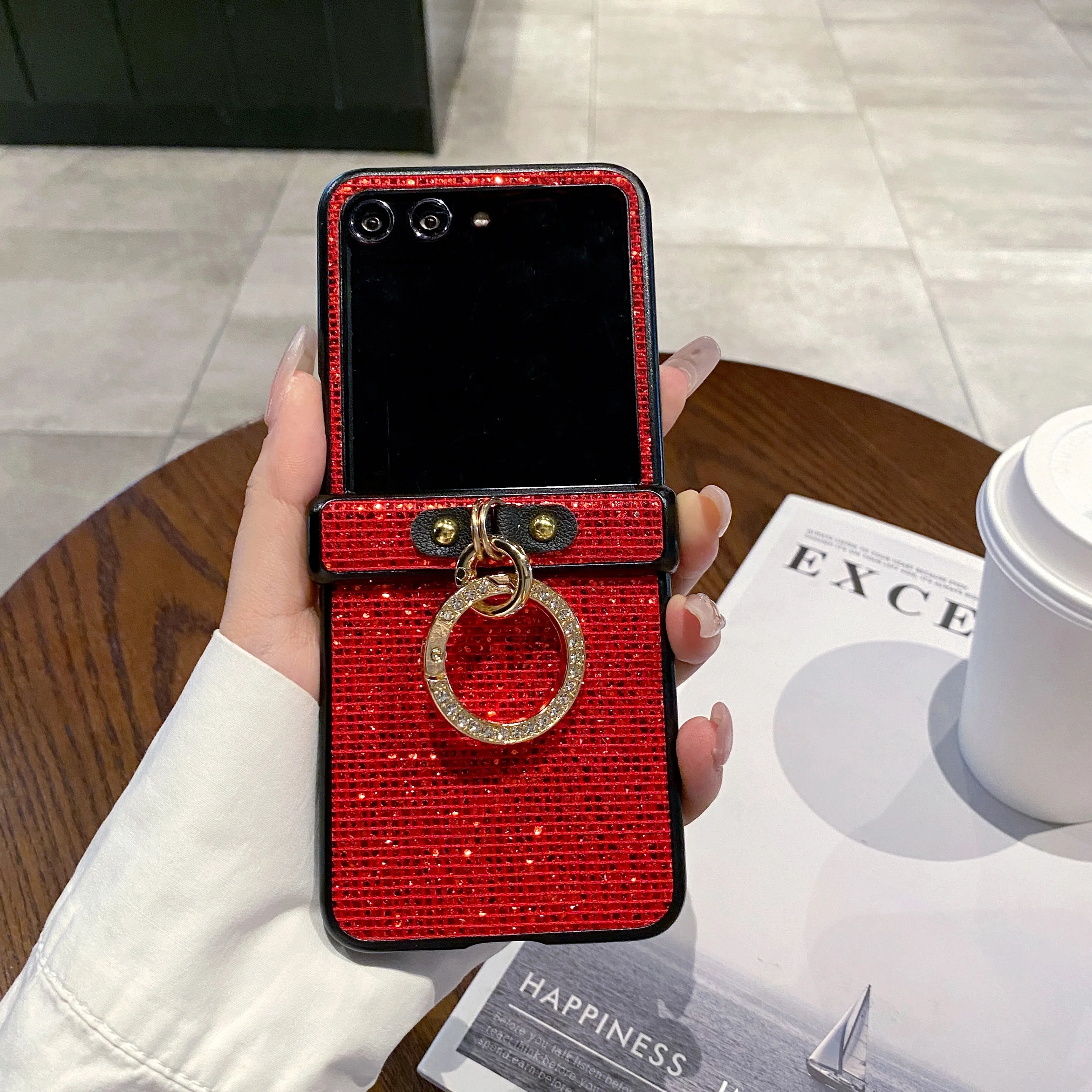 Sparkling Grid Pattern Phone Case with Fashion Faux Diamond Ring Buckle - Hard Shell Design