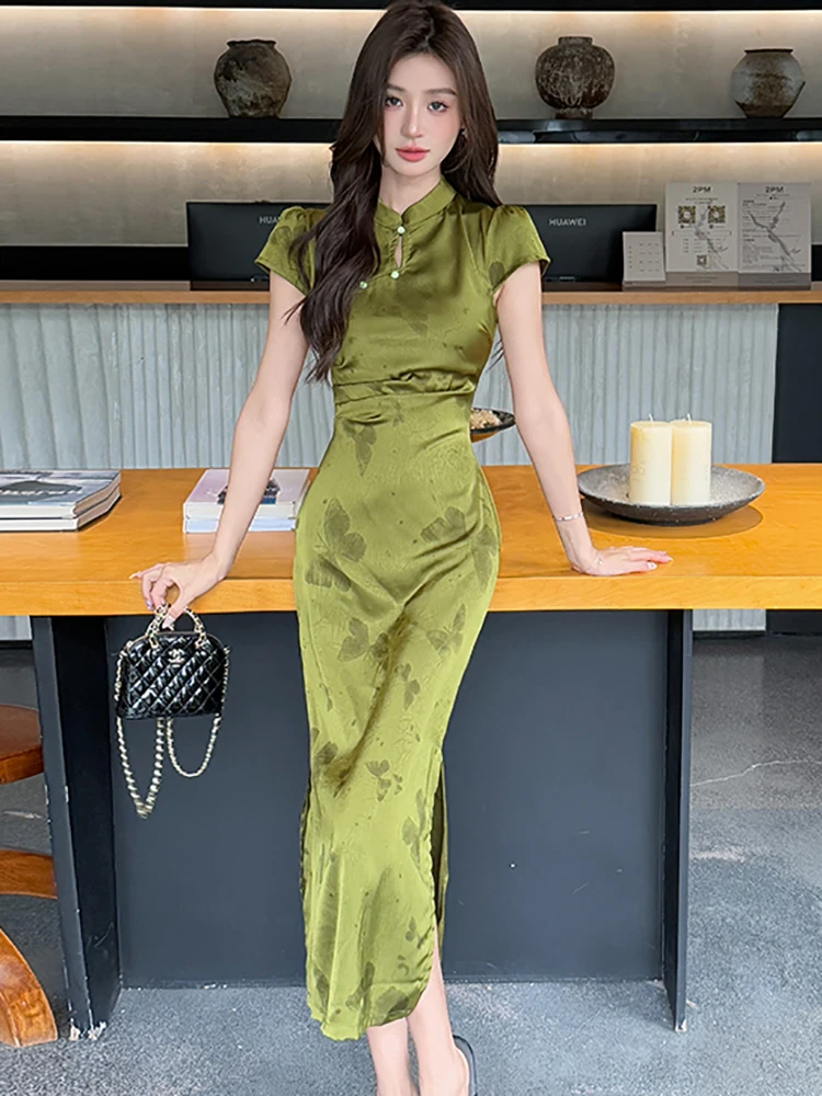Elegant Korean Green Dress Summer Green Print Satin Stand Collar