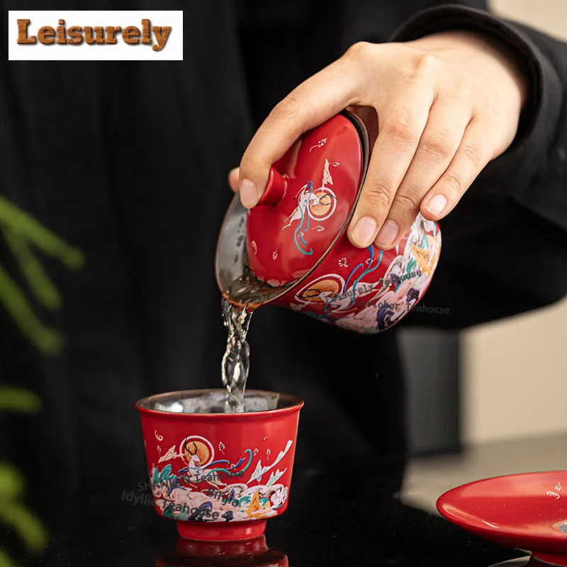 150ml Dunhuang Nine-color Deer Horseshoe Gaiwan Zen Tea Tureen Tea Bowl With Lid Kit Tea Brewing Cover Bowl Tableware Craft Gift