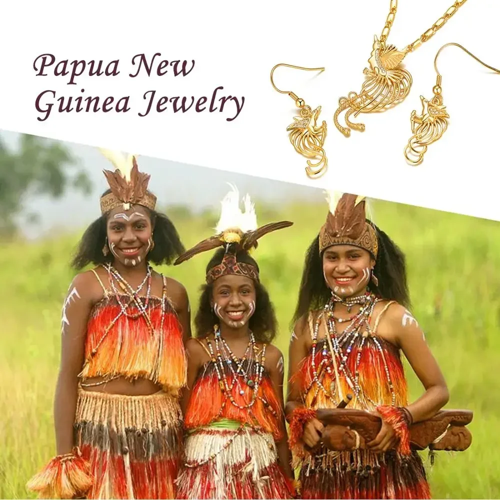 Necklace Earring Set for Women Bird of Paradise Phoenix 3D Drum Lizard Papua New Guinea PNG Country Jewelry QC24 crystal pendant necklaces 2pcs/set