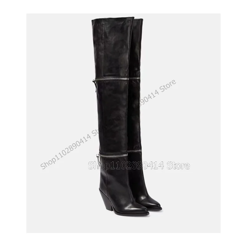 

Black Brown Zipper Decor Pointed Toe Boots Thigh High Women Shoes Strange Style Heels Runway Novel Sexy 2023 Zapatos Para Mujere