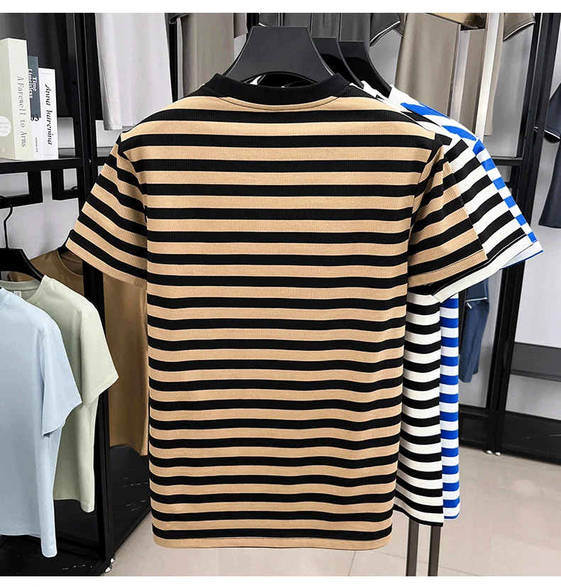 High-End-Herren-Kurzarm-T-Shirt der Modemarke Paul Pony, besticktes, sommerliches, bequemes, lässiges, klassisches, gestreiftes Rundhals-Top – Detail 8