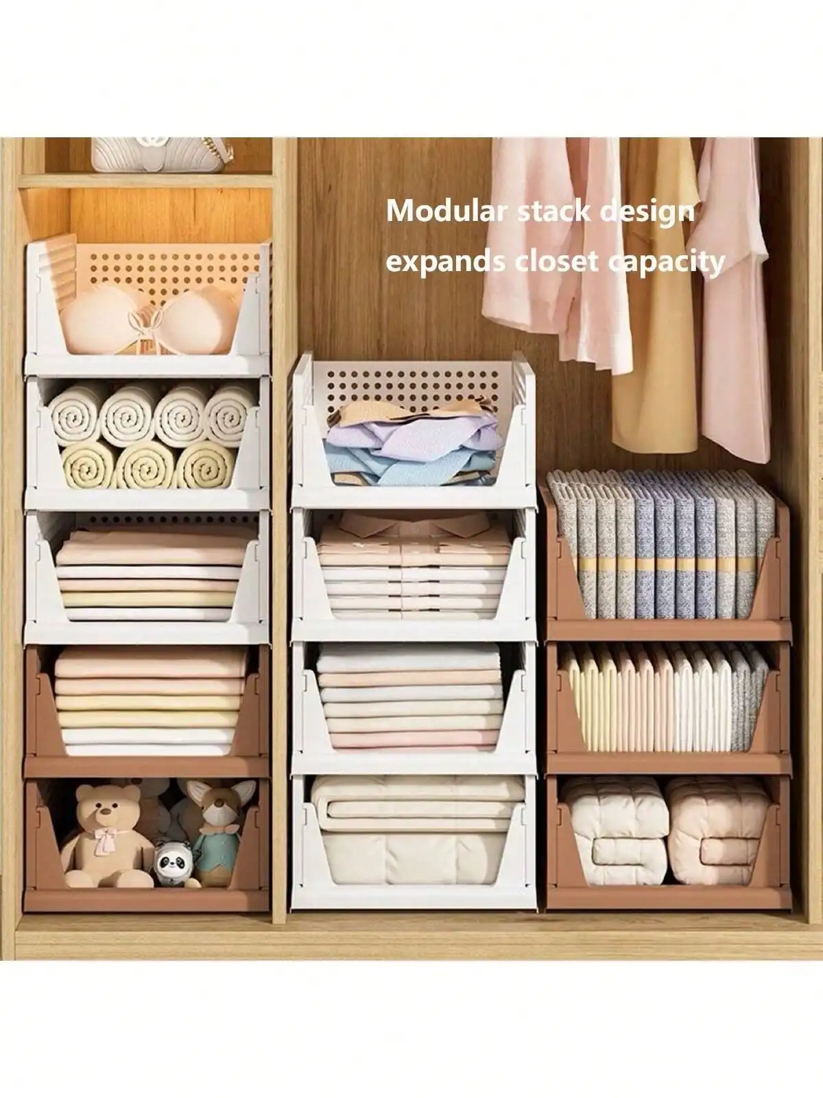 Collapsible & Stackable Storage Basket Plastic Drawers Foldable Closet Organizers Wardrobe Organizer Storage Box Closet Dividers