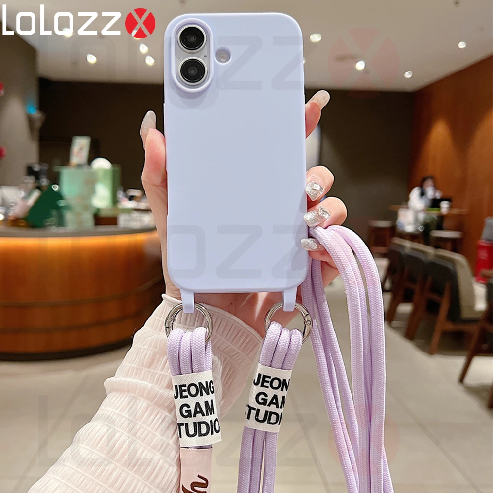 Crossbody Necklace Strap Cord Matte Soft Phone Case For iPhone 16 15 Pro Max 14 Plus 13 12 11 Liquid Silicone Shockproof Cover_voghion.com