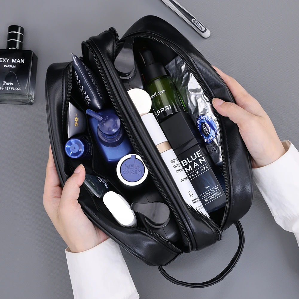 Double-Layer Toiletry Bag for Men PU Leather Travel Wash Organizer Dopp Kit Water-resistant Shaving Cosmetic Bag Strorage 3