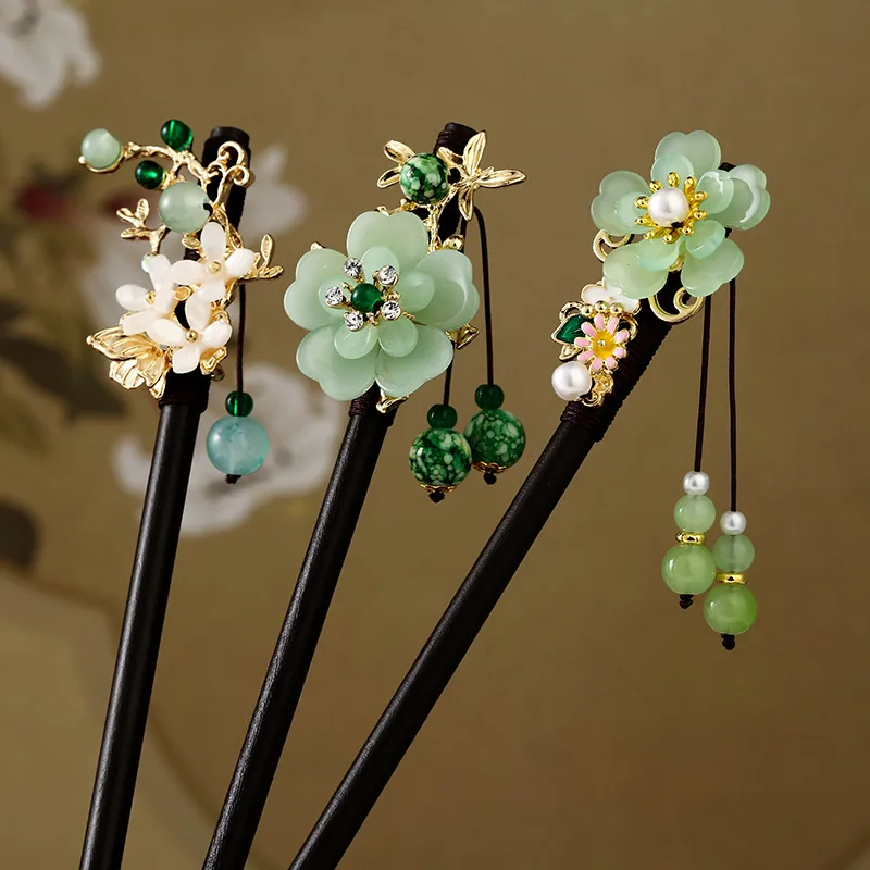 Bastone per capelli con forcina floreale cinese per le donne Hanfu Party Headwear sandalo Pearl Hair Bun Chopstick Vintage Girls Hair Jewelry