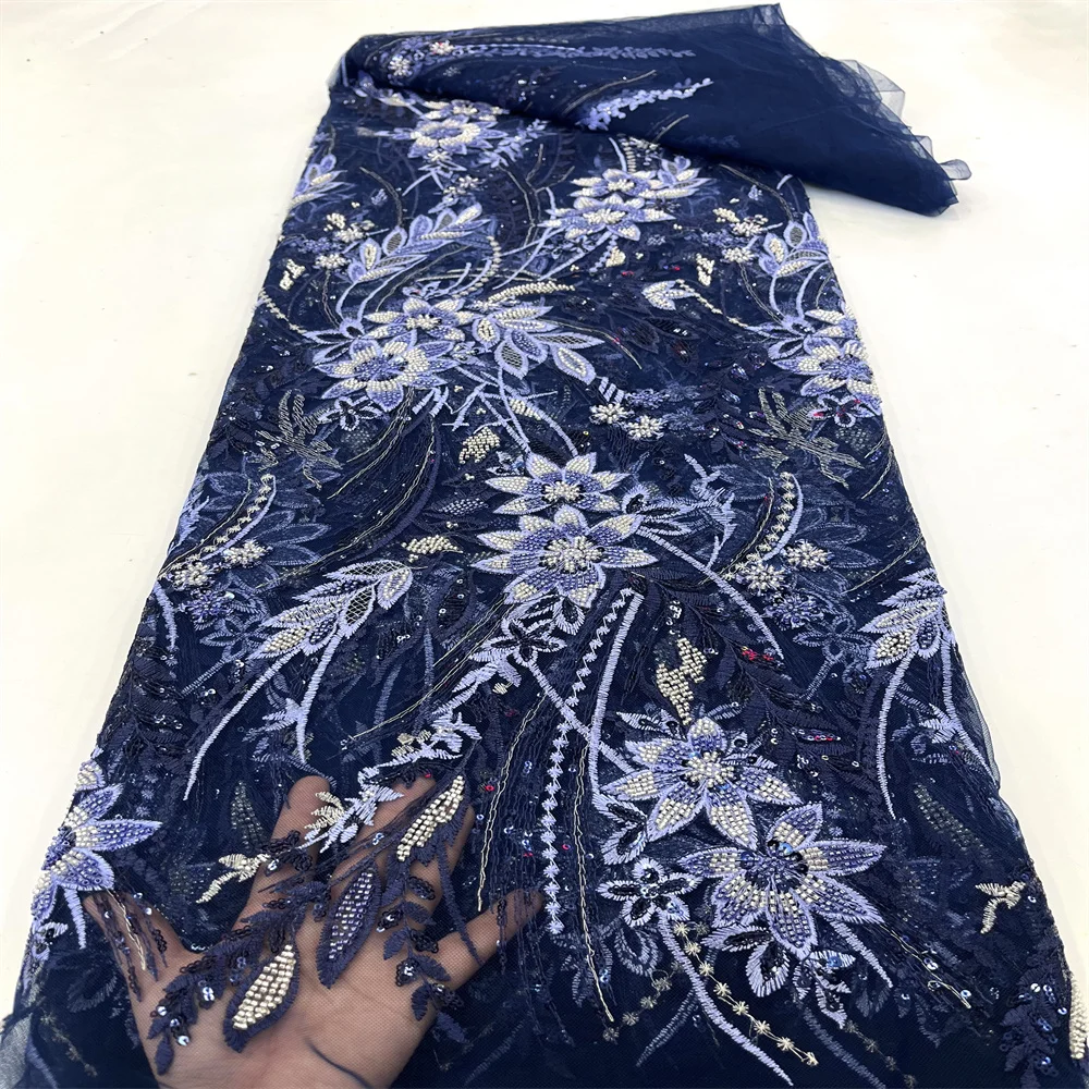 

African Sequins Lace Fabric 2023 High Quality Handmade Beaded Nigerian French Tulle Lace Material For Wedding Party Dress XC2753