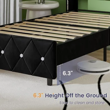 Twin Bed Frames, Upholstered Platform Bed Twin Size with Diamond Tufted Headboard, Modern Velvet Bed Frame with Wingback Design, 6