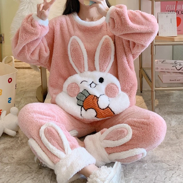 2 pièces pyjama polaire d'hiver pour enfants garçons et filles vêtements de  maison chauds de dessin animé rose-lapin