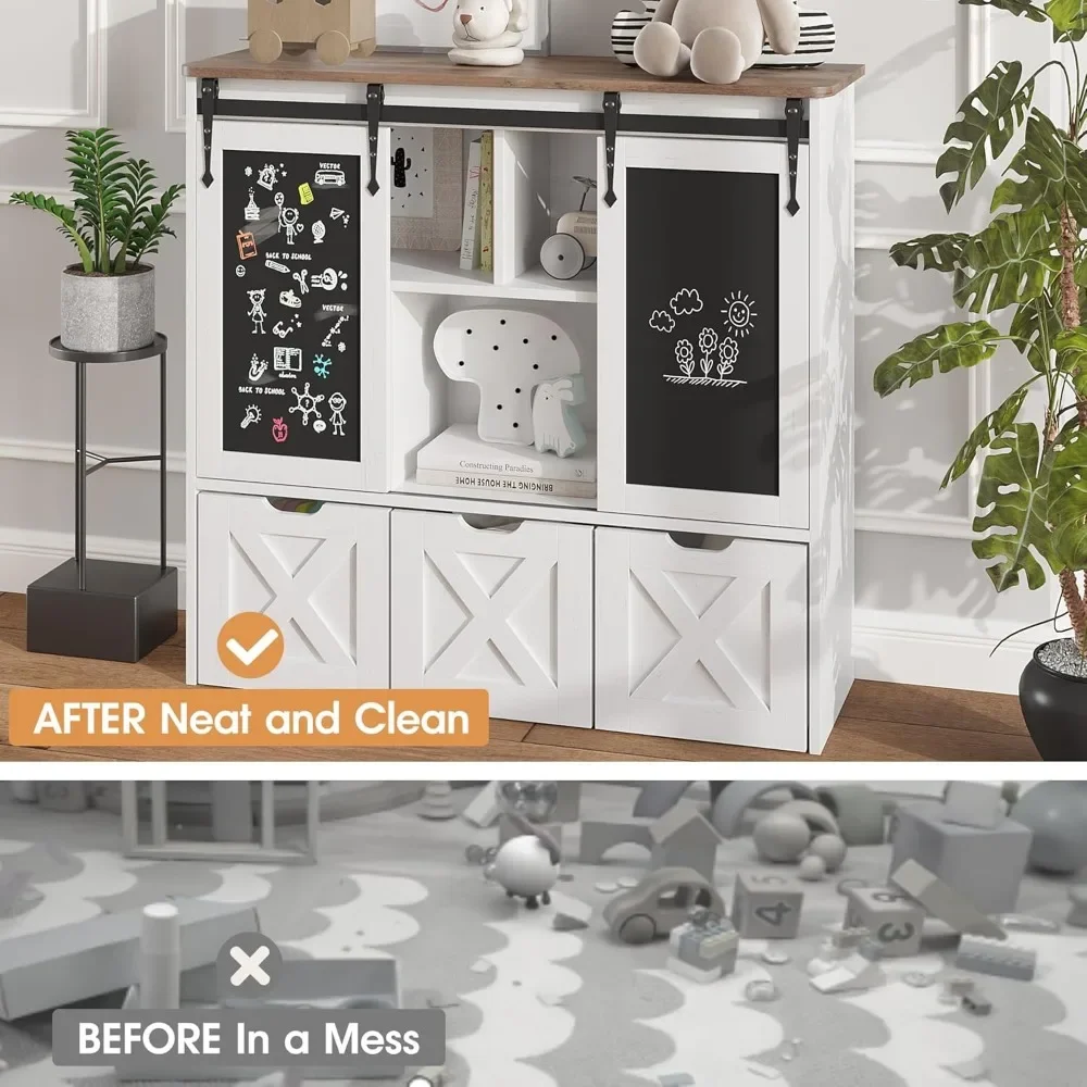 Toy Storage Organizer with Sliding Blackboard,Kids Bookshelf with3 Movable Drawers,Multifunctional Storage Cabinet Toy Chest 6